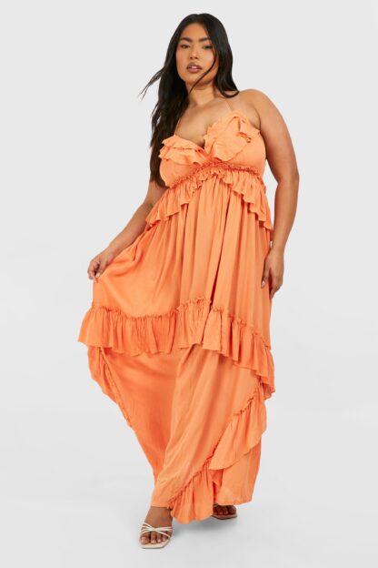 Womens Plus Cheesecloth Ruffle Frill Detail Strappy Maxi Dress - Orange - 16, Orange