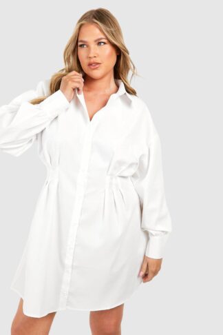 Womens Plus Cinched In Waist Shirt Dress - White - 16, White