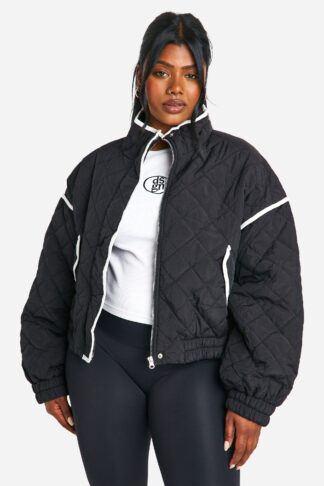 Womens Plus Contrast Detail Quilted Padded Jacket - Black - 16, Black