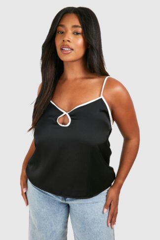 Womens Plus Contrast Trim Key Hole Cami Top - Black - 16, Black
