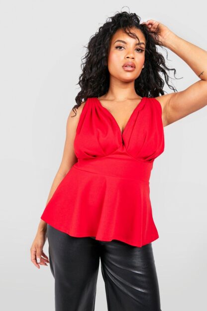 Womens Plus Corset Detail Peplum Top - Red - 26, Red
