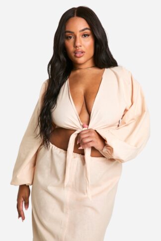 Womens Plus Cotton Tie Front Beach Crop Top - Beige - 20, Beige