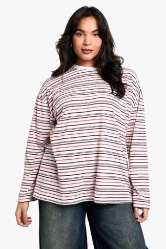 Womens Plus Crew Neck Stripe Oversized T-Shirt - Red - 26, Red