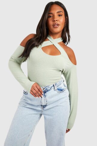 Womens Plus Cross Over Cold Shoulder Rib Top - Green - 22, Green