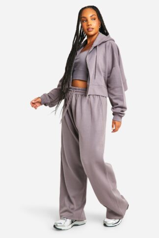 Womens Plus Deep Hem Crop Top 3 Piece Hooded Tracksuit - Green - 28, Green