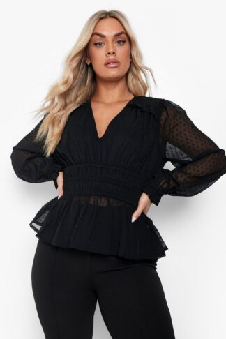 Womens Plus Dobby Mesh Volume Sleeve Blouse - Black - 28, Black