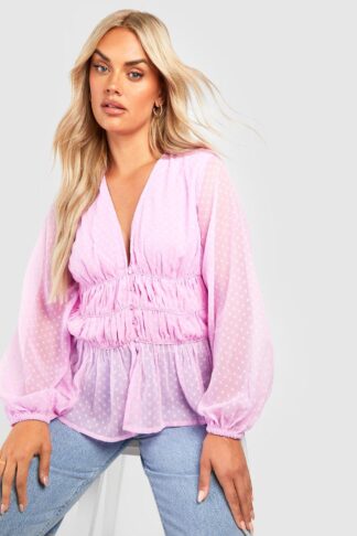 Womens Plus Dobby Rouched Blouse - Purple - 16, Purple