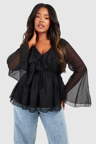 Womens Plus Dobby Ruffle Flared Sleeve Blouse - Black - 16, Black