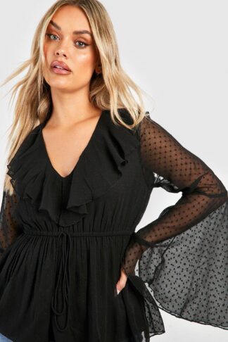 Womens Plus Dobby Ruffle Flared Sleeve Blouse - Black - 20, Black