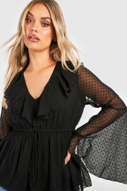 Womens Plus Dobby Ruffle Flared Sleeve Blouse - Black - 20, Black