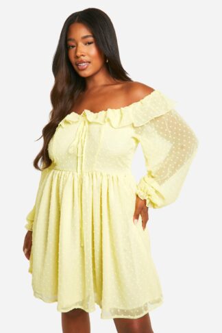Womens Plus Dobby Ruffle Skater Dress - Yellow - 16, Yellow