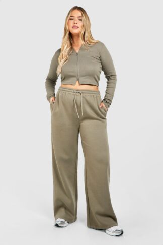Womens Plus Double Zip Long Sleeve Rib Top And Straight Leg Jogger Set - Green - 28, Green