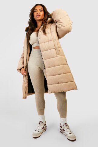 Womens Plus Faux Fur Trim Longline Puffer Jacket - Beige - 28, Beige