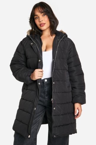 Womens Plus Faux Fur Trim Longline Puffer Jacket - Black - 26, Black