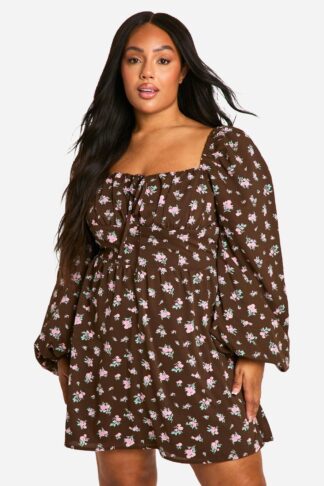 Womens Plus Floral Balloon Sleeve Milkmaid Skater Dress