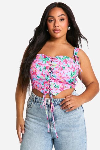 Womens Plus Floral Lace Up Corset Top - Blue - 16, Blue