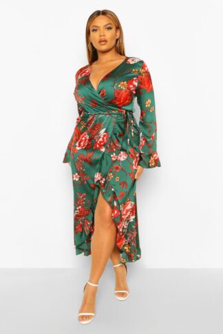 Womens Plus Floral Ruffle Wrap Dress - Green - 26, Green