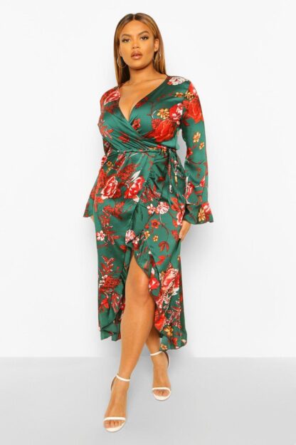 Womens Plus Floral Ruffle Wrap Dress - Green - 26, Green