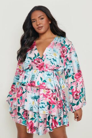 Womens Plus Floral Satin Ruffle Belted Skater Dress - Blue - 22, Blue