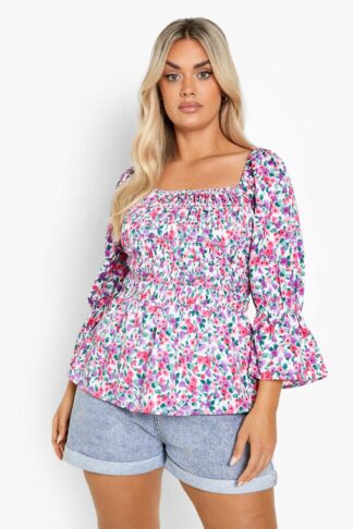 Womens Plus Floral Shirred Frill Hem Blouse - White - 18, White