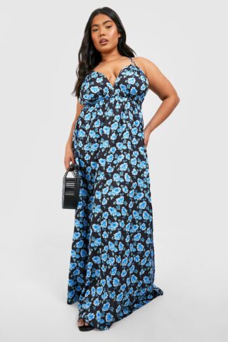 Womens Plus Floral Strappy Plunge Maxi Dress - Blue - 16, Blue
