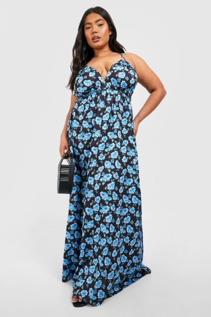 Womens Plus Floral Strappy Plunge Maxi Dress - Blue - 16, Blue