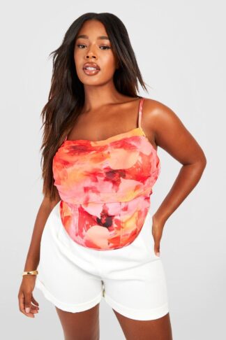 Womens Plus Floral Strappy Ruched Corset Top - Orange - 22, Orange