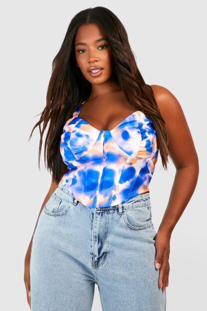 Womens Plus Hook And Eye Printed Corset Top - Blue - 18, Blue