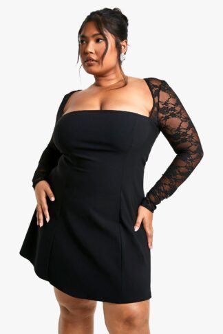 Womens Plus Lace Bengaline Skater Dress - Black - 26, Black
