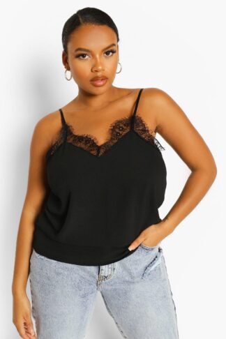 Womens Plus Lace Detail Woven Cami Top - Black - 20, Black
