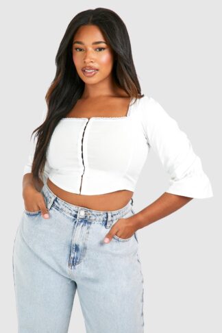 Womens Plus Lace Insert Hook And Eye Corset Top - White - 16, White