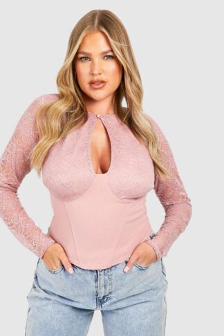 Womens Plus Lace Keyhole Corset Top - Pink - 16, Pink