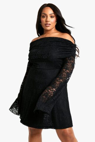 Womens Plus Lace Off Shoulder Flared Skater Dress - Black - 18, Black