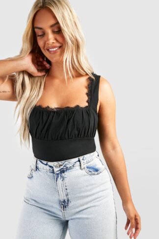 Womens Plus Lace Trim Ruched Bust Corset Top - Black - 18, Black