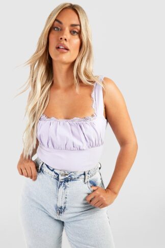 Womens Plus Lace Trim Ruched Bust Corset Top - Purple - 16, Purple