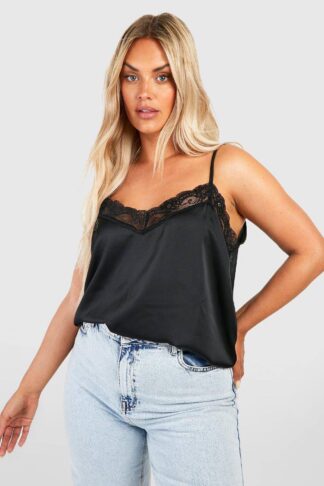 Womens Plus Lace Trim Satin Cami