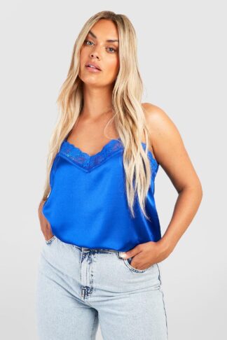 Womens Plus Lace Trim Satin Cami - Blue - 16, Blue