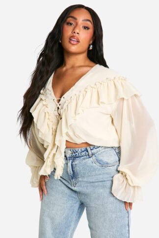Womens Plus Lace Up Front Ruffle Blouse - White - 22, White