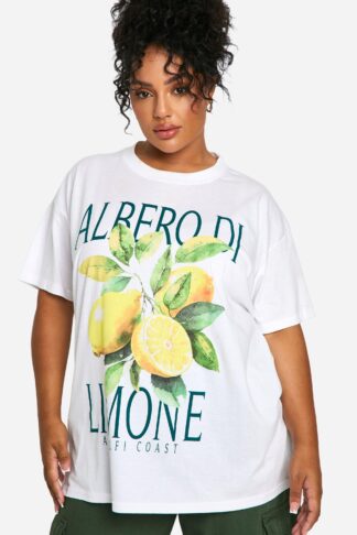 Womens Plus Lemon Printed Oversized T-Shirt - White - 18, White