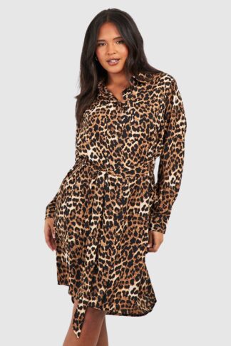 Womens Plus Leopard Batwing Belted Shirt Dress - Multi - 16, Multi