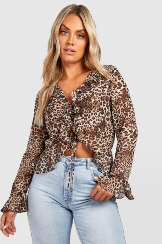 Womens Plus Leopard Print Tie Front Ruffle Hem Blouse - Brown - 16, Brown
