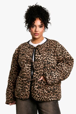 Womens Plus Leopard Tie Detail Padded Jacket - Brown - 16, Brown