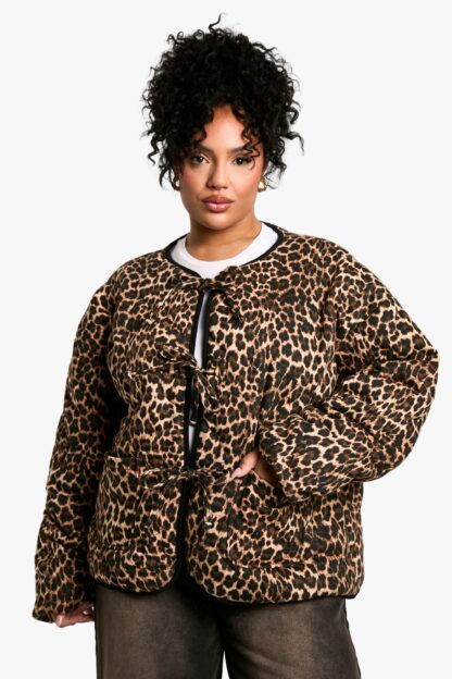 Womens Plus Leopard Tie Detail Padded Jacket - Brown - 16, Brown