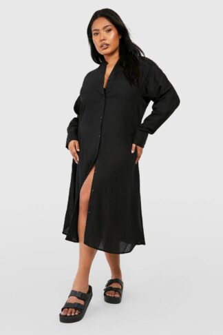 Womens Plus Linen Look Midi Shirt Dress