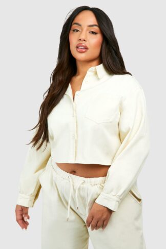 Womens Plus Longline Cropped Denim Shirt - Cream - 16, Cream