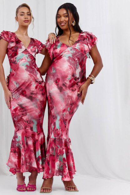 Womens Plus Marble Satin Ruffle Sleeve Maxi Dress