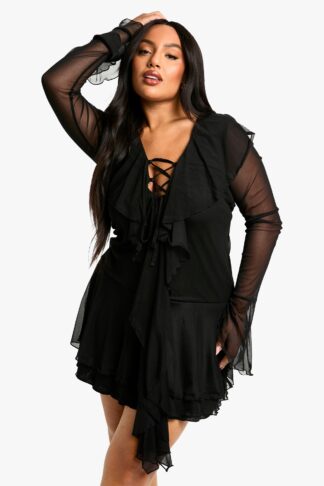 Womens Plus Mesh Ruffle Lace Up Skater Dress - Black - 18, Black