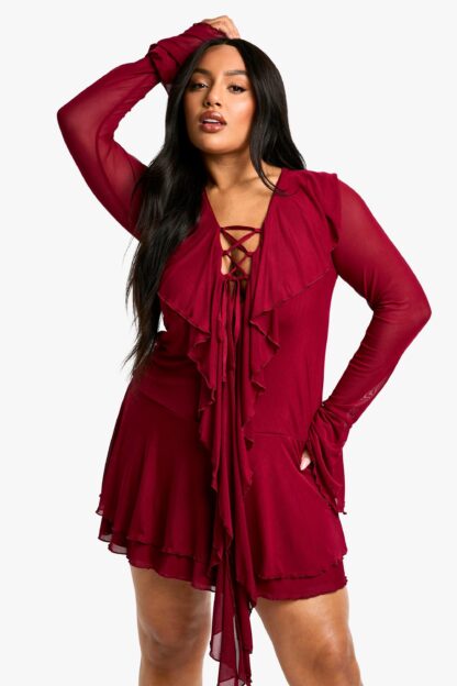 Womens Plus Mesh Ruffle Lace Up Skater Dress - Red - 22, Red