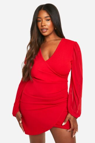 Womens Plus Mesh Wrap Dress - Red - 16, Red