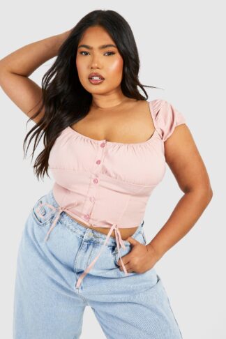 Womens Plus Milkmaid Puff Sleeve Bengaline Corset Top - Pink - 16, Pink